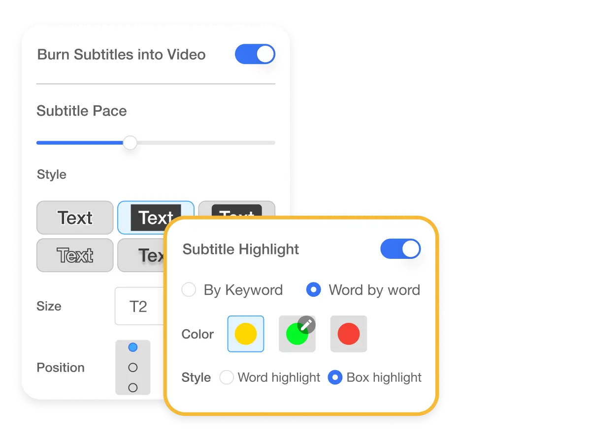 Subtitle Styling interface in Visla, highlighting options for 'Add Graphic to Video' with text tools for keyword and word-by-word highlights, showcasing subtitle customization options for enhancing video content.